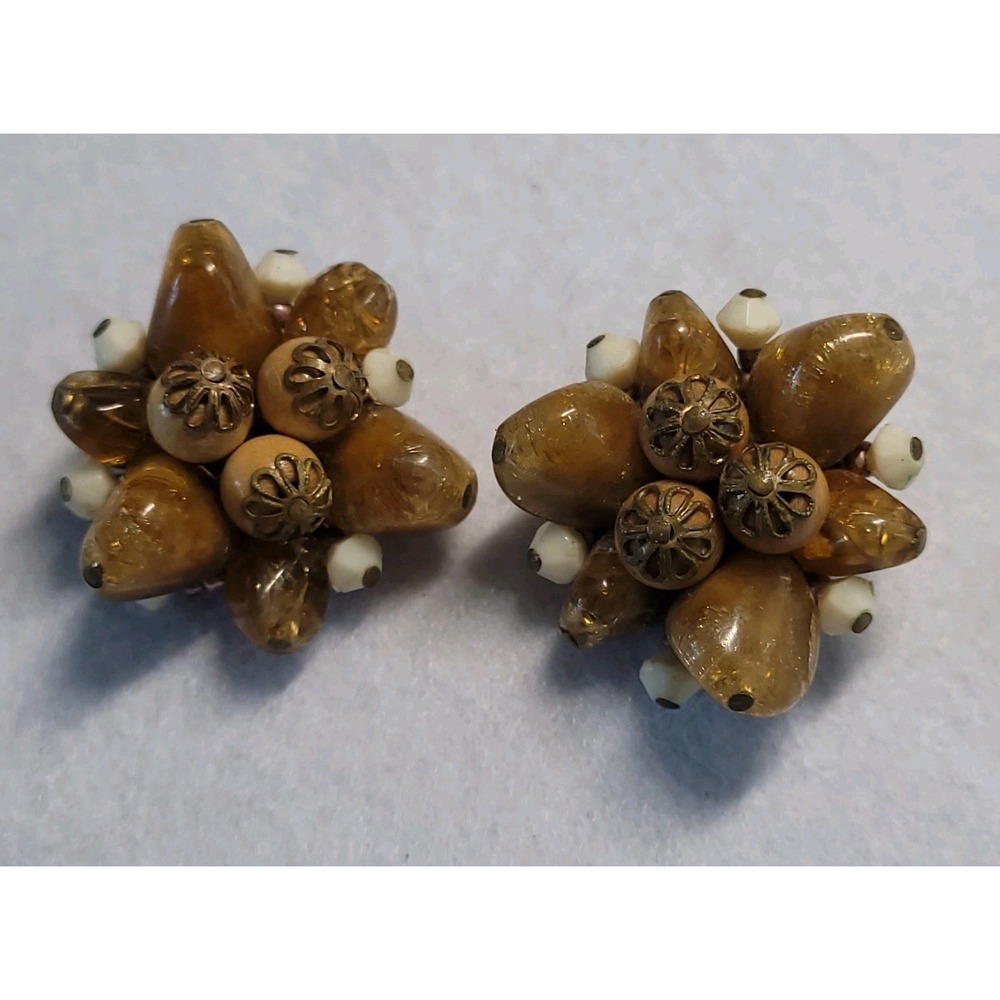 Vintage Germany Beaded Cluster Clip On Earrings Amber Brown Art Glass 1950s